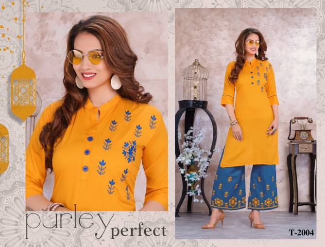 Trendy Colours Latest Fancy Designer Heavy Rayon Casual Wear Embroidery Kurti With Bottom Collection

