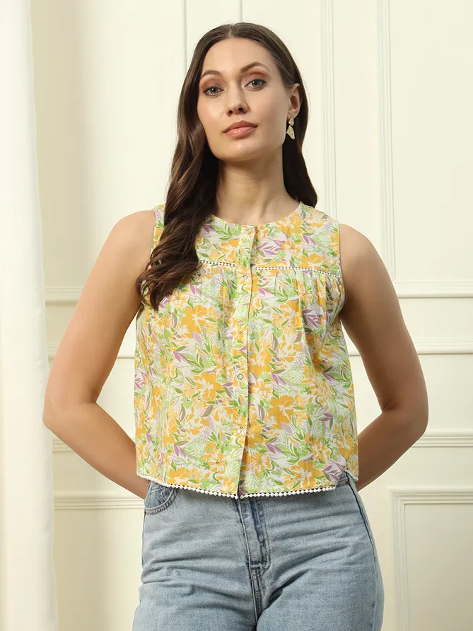 Fiorra TOP013 Yellow Floral Printed Cotton Western Top Surat Wholesale Market