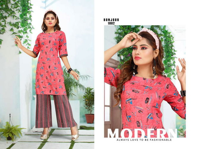 Ft Bonjour Latest Fancy Regular Wear Rayon Printed Kurti With Bottom Collection