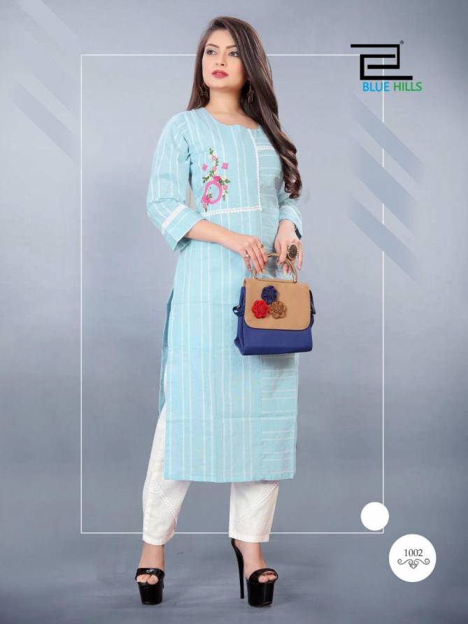 Blue Hills Orchid Casual Wear Cotton Jacquard Designer Kurti With Pant Latest Collection
