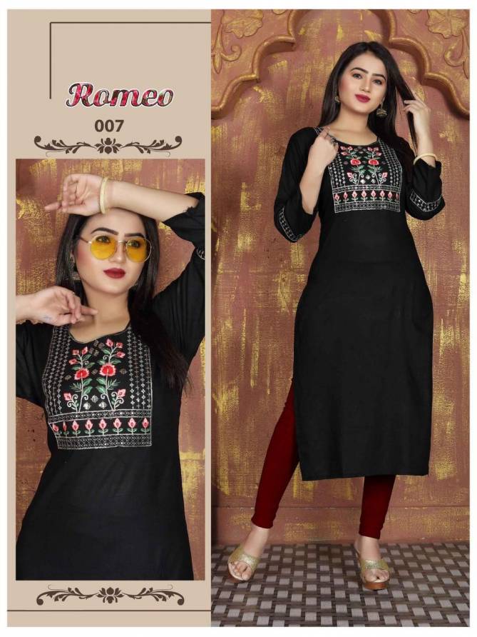 Romeo Vol 1 By Trendy Rayon Slub Embroidery Kurtis Wholesale Suppliers In Mumbai
