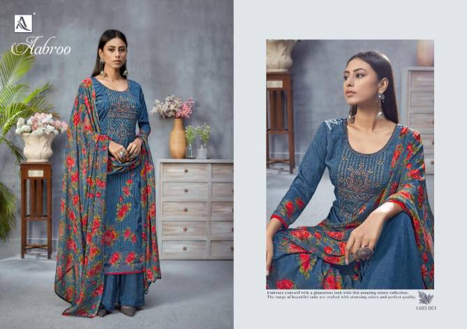Alok Aabroo Latest Casual Wear Pure French Digital Print with Fancy Thread Embroidery And Swarovski Diamond Work Dress Material Collection
