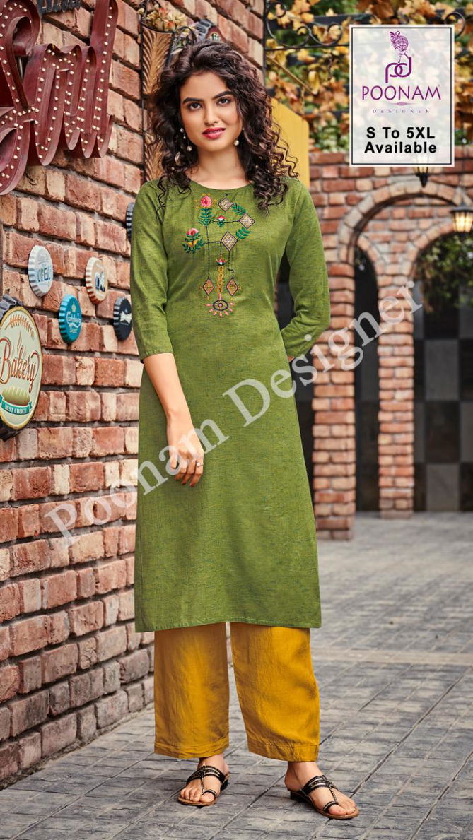 Poonam Riva 5 Premium Fancy Casual Wear Cotton Embroidery Work Designer Kurtis Collection
