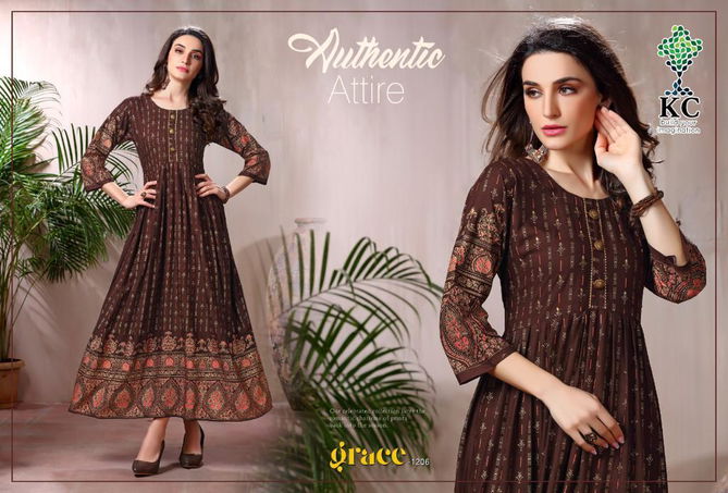 Kc Grace 12 Latest Fancy Designer Ethnic Rayon Printed Designer Long Kurti Collection
