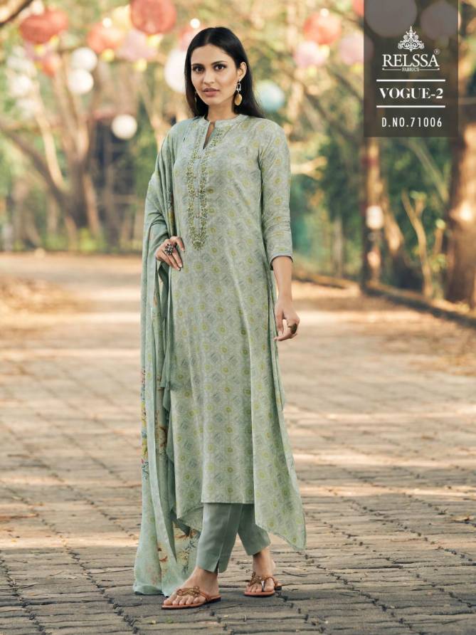 RELSSA VOGUE VOL-2 Designer Festive Wear Pure Maslin Cotton Fancy Embroidery Work With Digital Print top Dupatta And Bottom collection