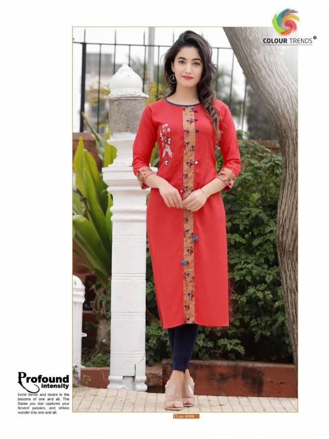 Colour Trendz Para Vol 4 Rayon Embroidery Kurtis With Handwork Collections