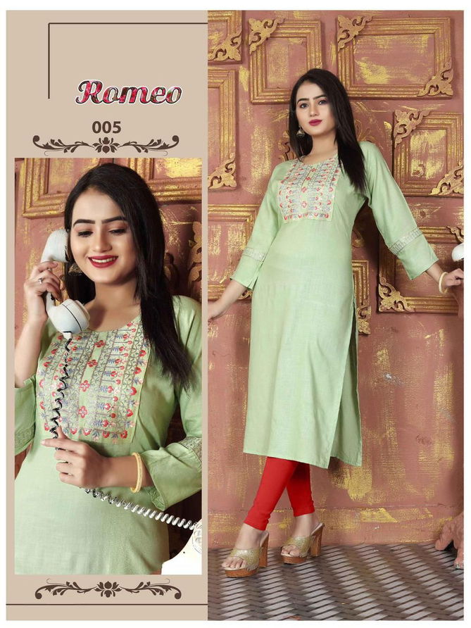 Romeo Vol 1 By Trendy Rayon Slub Embroidery Kurtis Wholesale Suppliers In Mumbai
