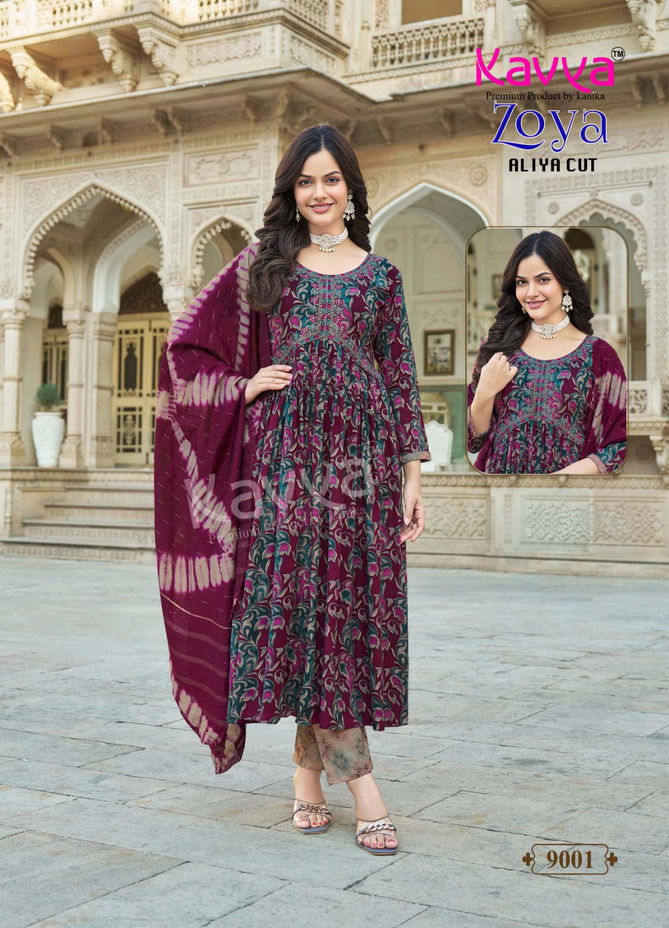 Zoya Vol 9 By Kavya Rayon Foil Aliya Cut Kurti With Bottom Dupatta Orders In India