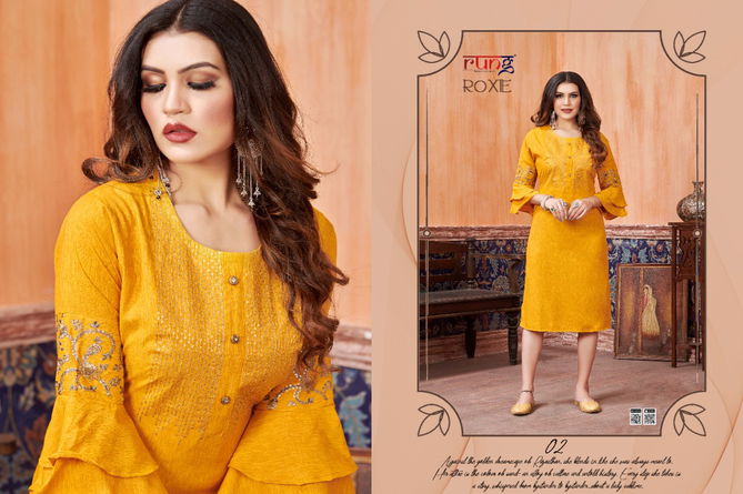 RUNG ROXIE Heavy Luxuriya Rayon With Manual Embroidery With Sequence Work Fancy Kurtis Collection