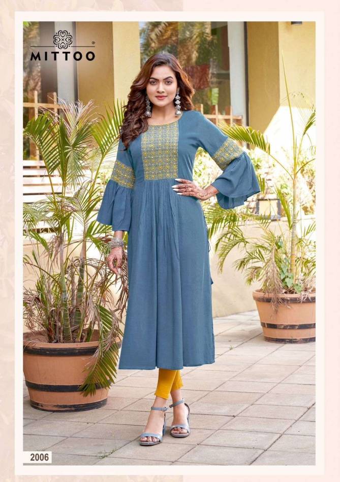 Swagat By Mittoo Naira Cut Rincle Rayon Embroidery Designer Kurtis Orders in India