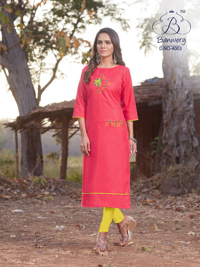 BLEND V-4 DESIGNER HEAVY PREMIUM COTTON WITH EMBROIDERY WORK THREE FOURTH SLEEVES KURTI COLLECTION