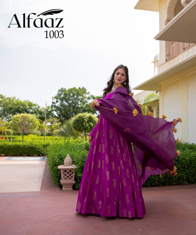 Alfaaz 1 Bandhej Latest Fancy Designer Festive Wear Stylish Masleen Ladies Gown Collection

