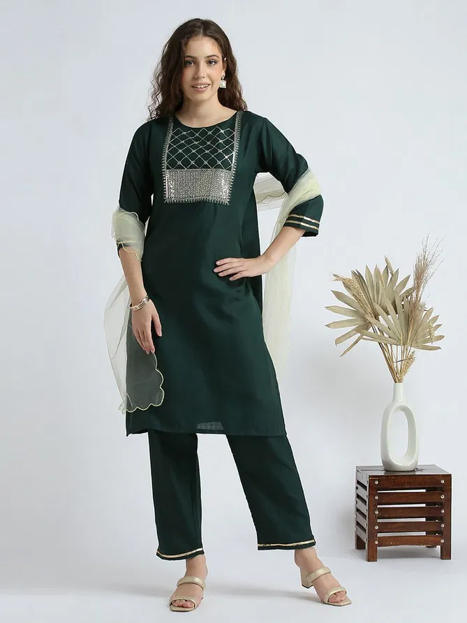 VT Designer Slub Cotton Embroidery Kurti With Bottom Dupatta Suppliers In India