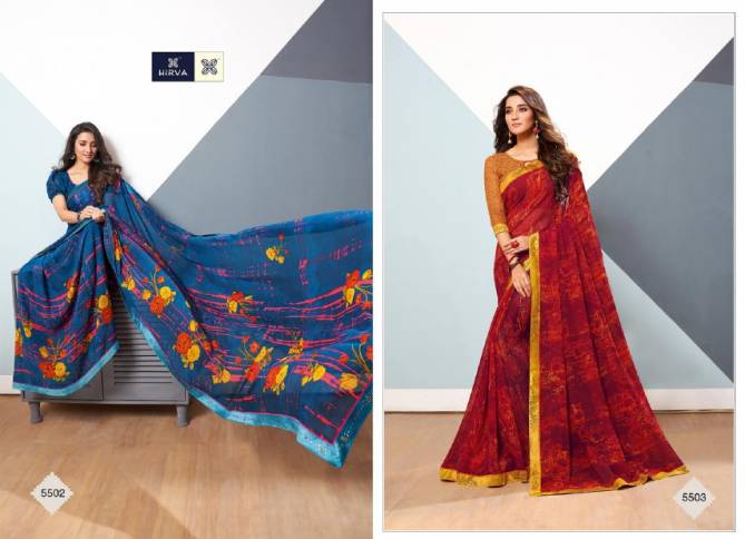 Hirva Sakhiya Latest Regular Wear Chiffon Printed With Full Lace Saree Collection Available Full Set At Wholesale Price 