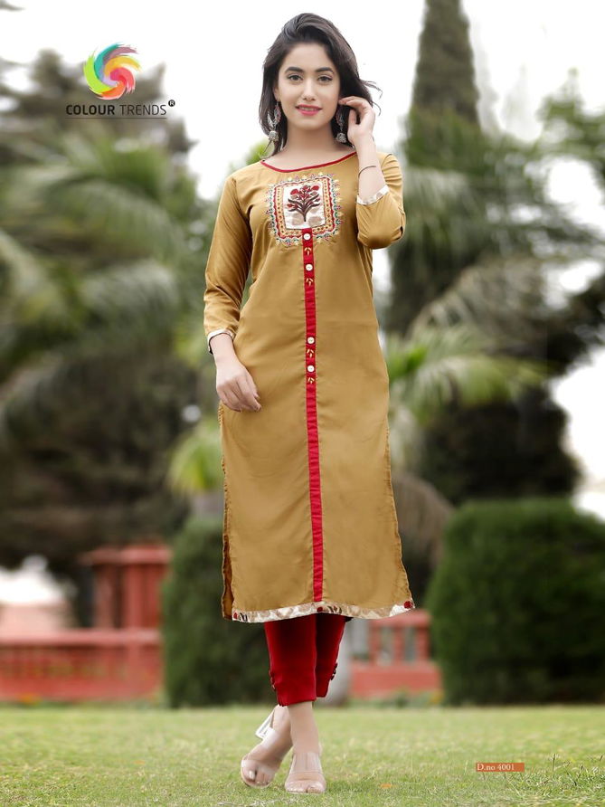 Colour Trendz Para Vol 4 Rayon Embroidery Kurtis With Handwork Collections