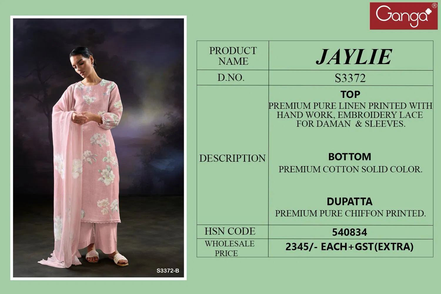 Jaylie 3372 by Ganga Linen Printed Embroidery Salwar Suit Exporters In India