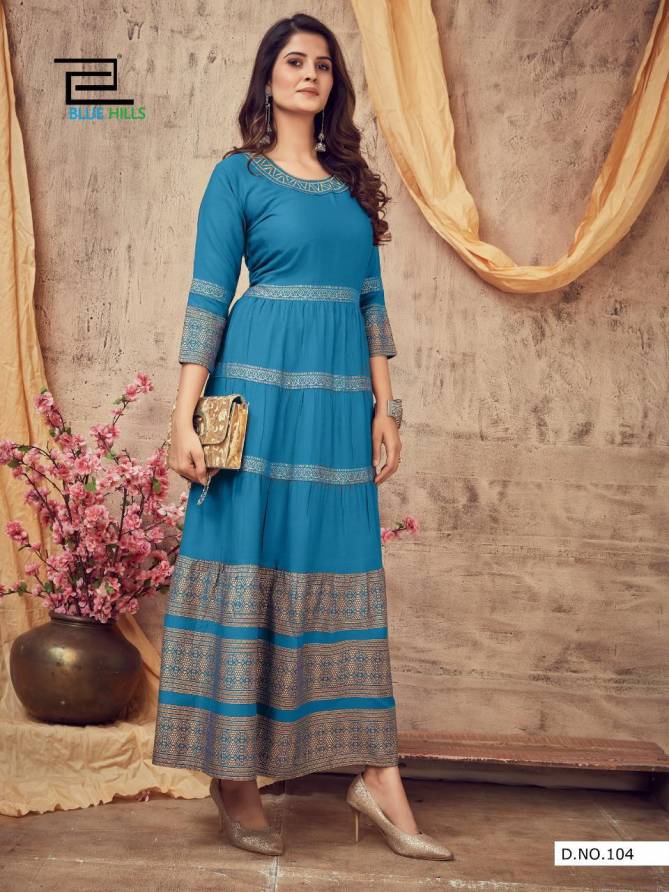 Blue Hills Leela 3 latest Fancy Designer Ethnic Party Wear Heavy Rayon With Gold Print Long Kurti collection
