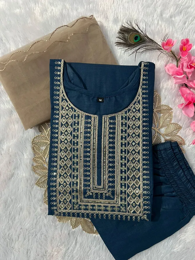 VT Designer Slub Cotton Embroidery Kurti With Bottom Dupatta Suppliers In India