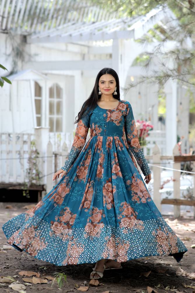 KA 1041 Faux Georgette Printed Readymade Gown Exporters In India