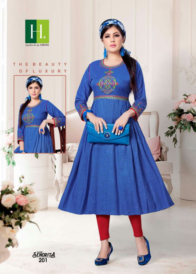 Hirwa Senorita 2 Latest Designer Fancy Embroidery Rayon Anarkali Worked Kurtis Collection
