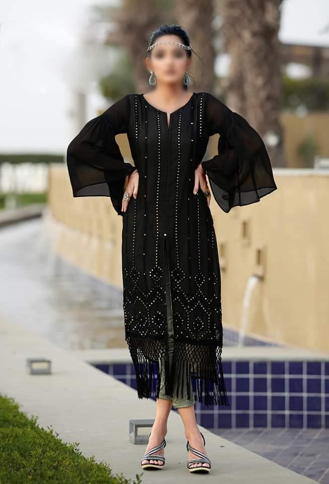 Hiba Studio LPC -24 Classy Metalic Collection Designer Tunic  with Beautiful  metalic embroidery  Embellished with handmade tassels paired with Designer Straight Cigarette pants