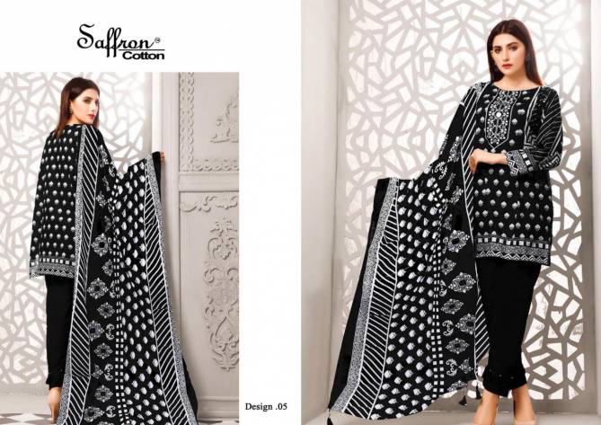 Saffron Latest Fancy Designer Casual Wear Black And White Printed Cotton Dress Material Collection

