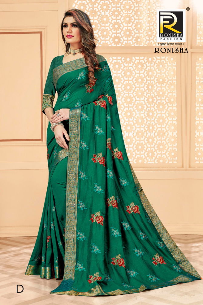 Ronisha Media Latest Fancy Designer Festive Wear Vichitra Silk Embroidery Worked Designer Saree Collection
