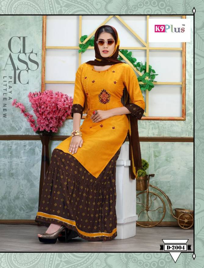 K9 Lilly Fancy Wear Heavy Rayon with Embroidery work Long Kurtis And Skirt With Dupatta Collection
