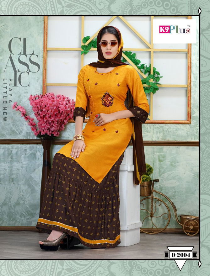 K9 Lilly Fancy Wear Heavy Rayon with Embroidery work Long Kurtis And Skirt With Dupatta Collection
