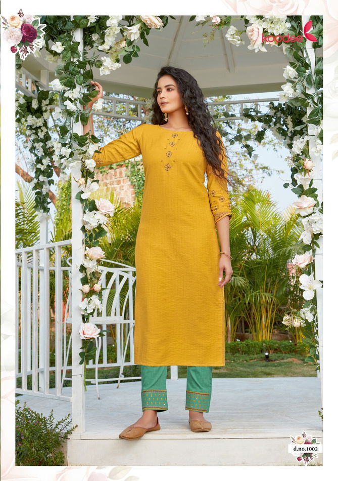 Koodee Sanvi 1 Latest fancy Festive Wear Viscose Embroidery Work Kurtis With Bottom Collection
