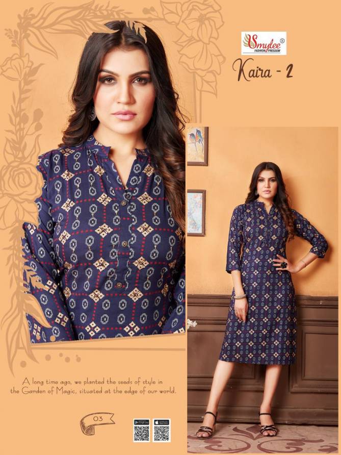 Smylee Kaira 2 Latest Fancy Casual Regular Wear Rayon Printed Kurtis Collection
