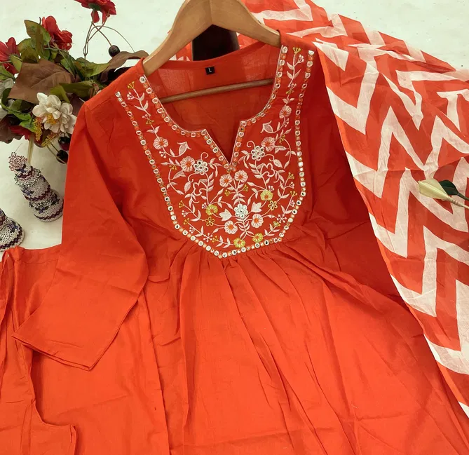 KF Kalaai Orange Cotton Embroidery Kurti With Bottom Dupatta Online Wholesale