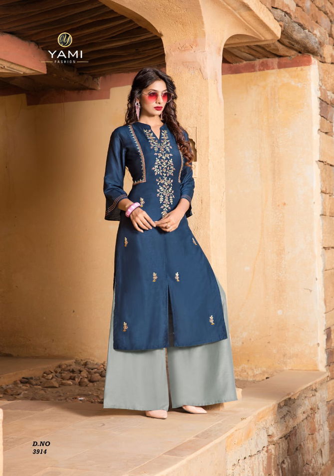 YAMI RESHAMI VOL-2 Latest Fancy Festive Wear Viscos Embroidery Work Kurtis With palazzo Collection