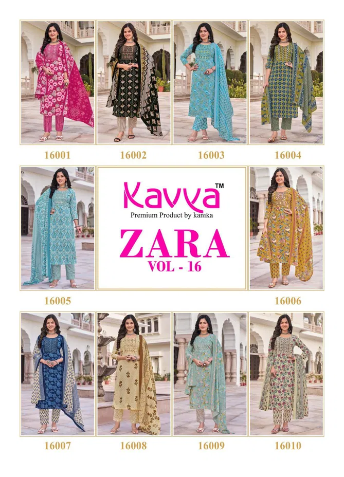 Zara Vol 16 By Kavya Cambric Cotton Embroidery Kurti With Bottom Dupatta Suppliers In India