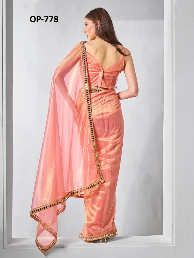 Laxminam OP 778 Peach Designer Gold Tissue Net Saree Wholesale In India