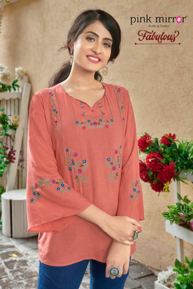 Pink Mirror Fabulous Designer Rayon With Embroidery Work Ethnic Wear Short Top Collection
