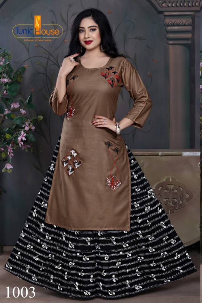 Tunic House Nexa 4 Embroidery Fancy Ethnic Wear Rayon With Embroidery Kurtis With Skirt Collection 
