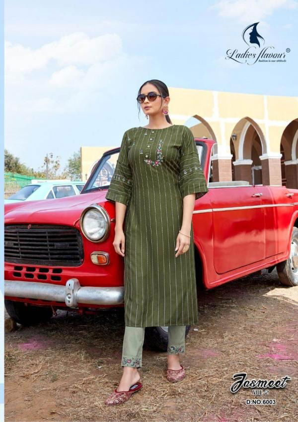 Ladies Flavour Jasmeet 2 Latest Fancy Ethnic Wear Designer Rayon Stripe Kurti With Bottom Collection
