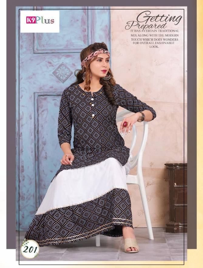 K9 Plus Margrett Latest Designer Festive Wear Rayon Bandhani Printed Top With Rayon skirt with gold print Kurti With Bottom Collection

