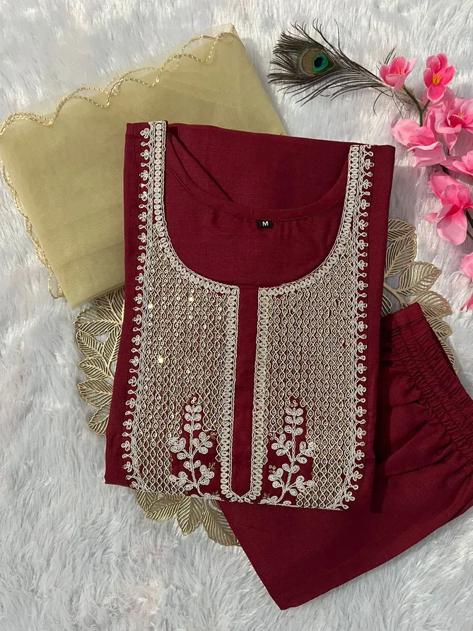 VT Designer Slub Cotton Embroidery Kurti With Bottom Dupatta Suppliers In India