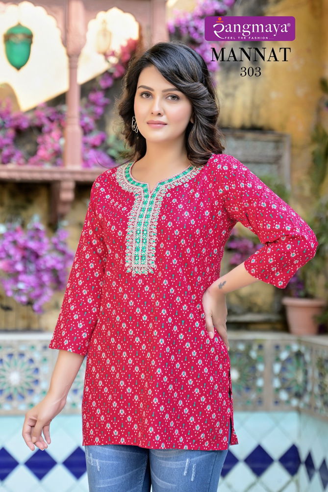 Mannat Vol 3 By Rangmaya Rayon Tunic Ladies Top Wholesale In India