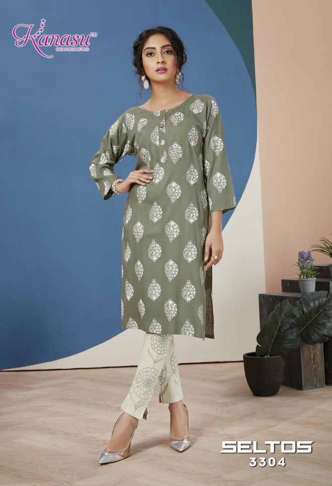 Kanasu Seltos fancy Designer Heavy Latest Ethnic Wear Rayon Slub Flex print Pent Kurtis With Bottom Collection
