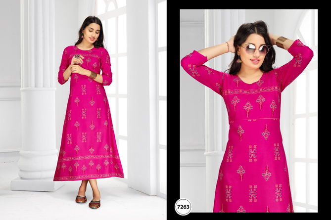 Ft Jaya Rayon Latest Fancy Designer Casual Ethnic Wear Gold Printed Long Kurtis Collection
