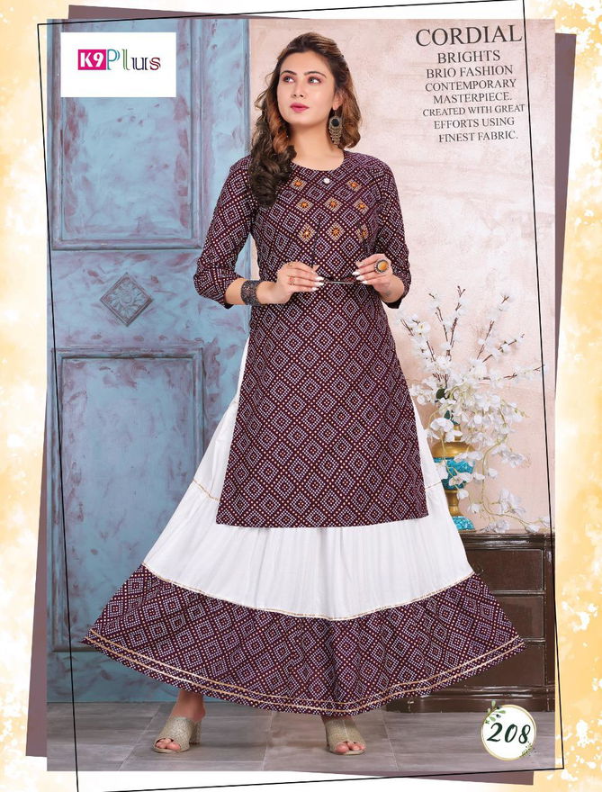 K9 Plus Margrett Latest Designer Festive Wear Rayon Bandhani Printed Top With Rayon skirt with gold print Kurti With Bottom Collection
