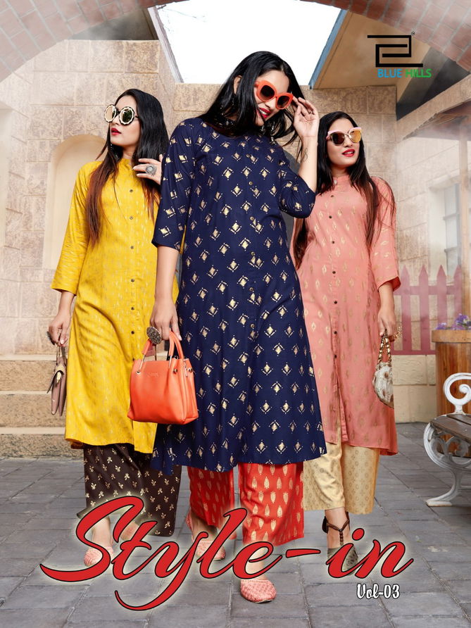 Blue Hills Style In Vol 3 New Golden Designer Printed Pure Rayon Kurtis Collection With Plazzo