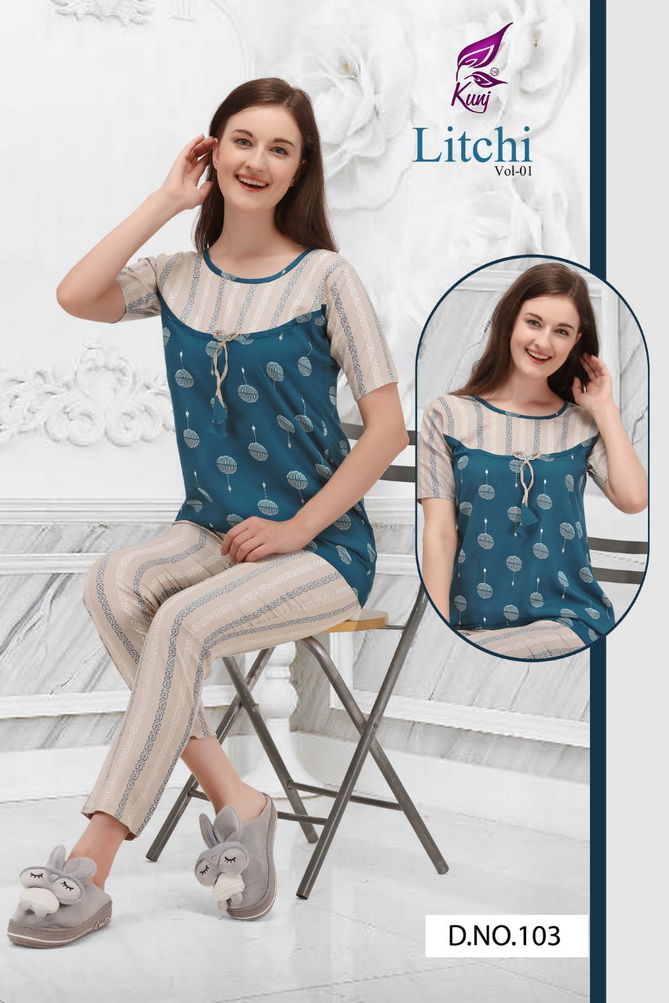 Kunj Litchi 1 oft Latest Exclusive Comfortable With Super Fine Stitching Rayon Night Suits Collection