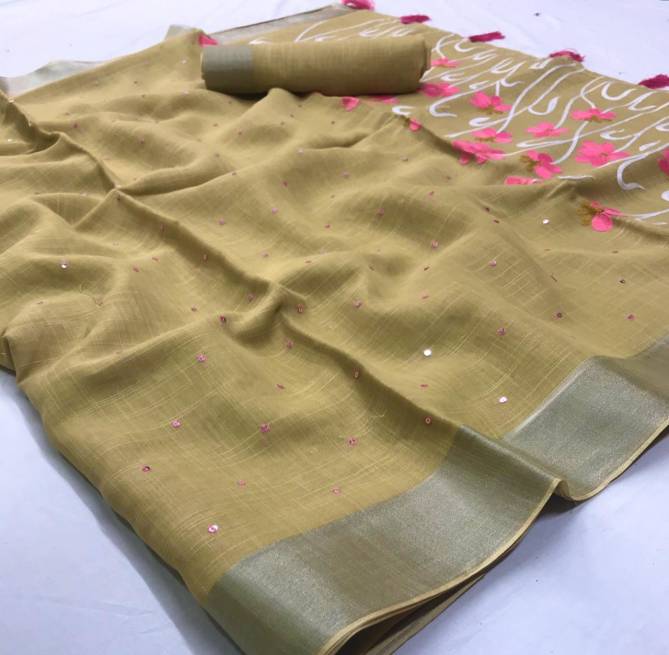 Lt Vani Latest Pure Linen embroidery Work Casual Wear Saree Collection