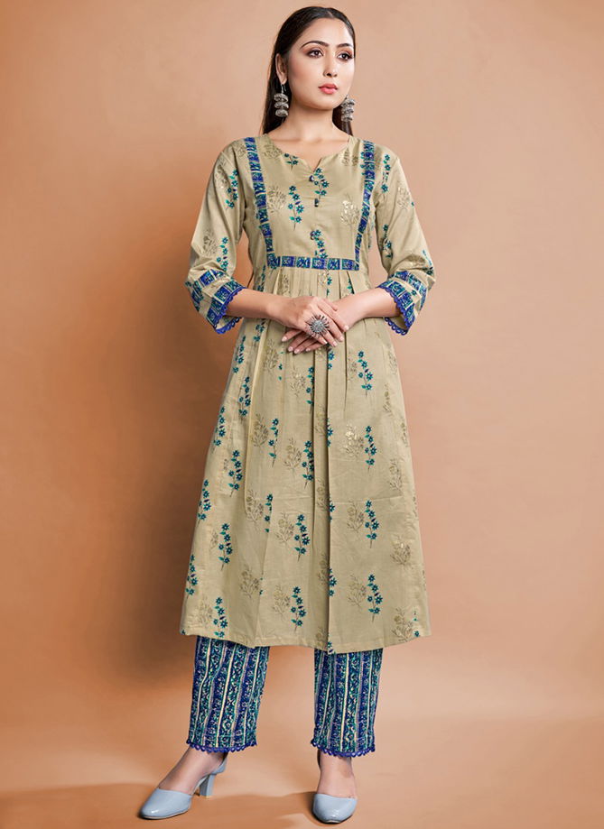 Beige And Teal Colour Sanjana Printed Wholesale Kurti With Bottom 1319