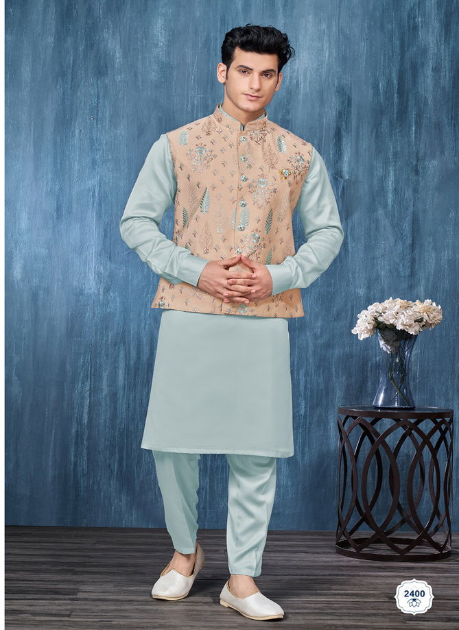 Wedding Wear Art Embroidered Banarasi Silk Mens Modi Jacket Kurta Pajama Wholesale Manufacturers