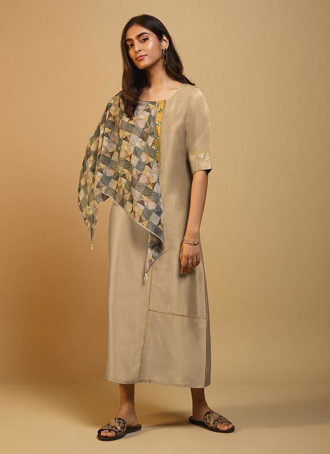 Beige Simple Designer Spark Omtex Casual Daily Wear Silk Elegant Printed Work Kurtis with scarf Collections 835